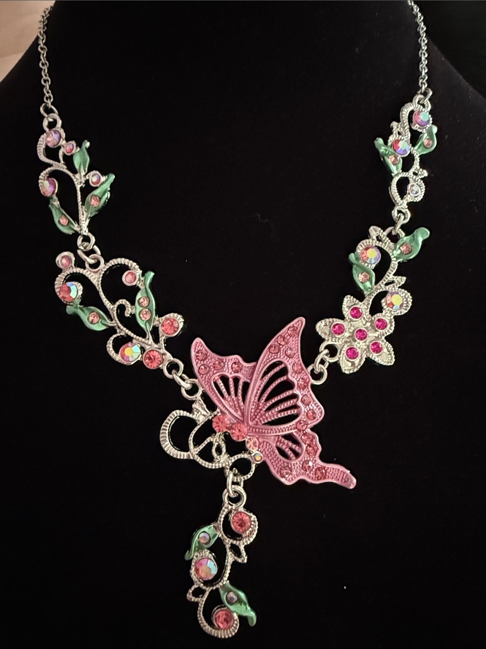 NWT Women’s Stunning 13” Pink Butterfly Floral Glitz Statement Necklace